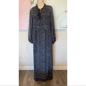 Misa Los Angeles Women's Sz S Floral Maxi Blue Long Sleeve Dress Tassel